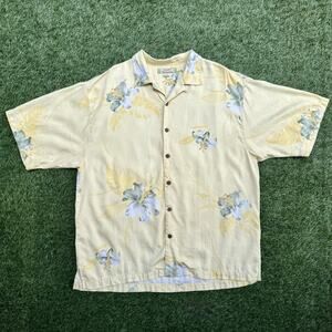 Tommy Bahama 100% Silk Hawaiian Camp Shirt XL Yellow Green Hibiscus Floral Aloha